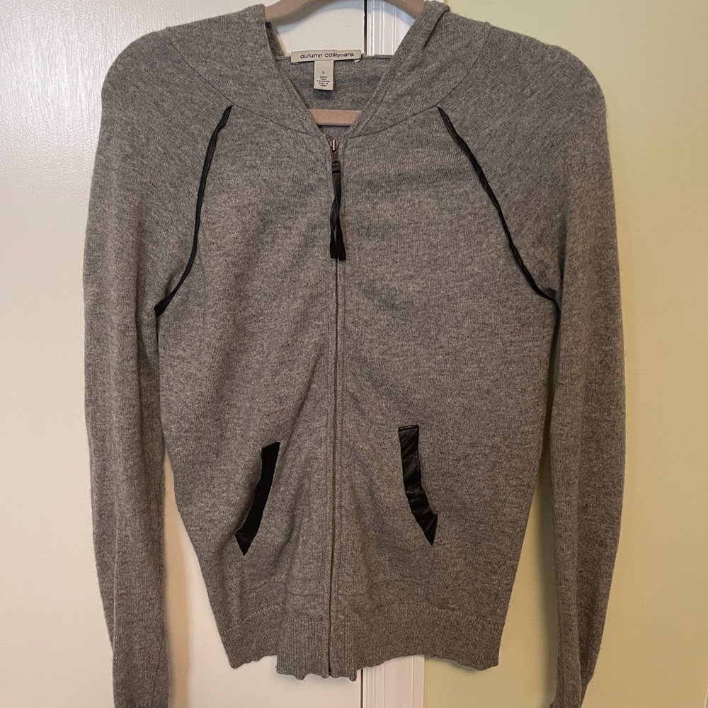 Autumn 100% cashmere zip up hoodie with black leather trim